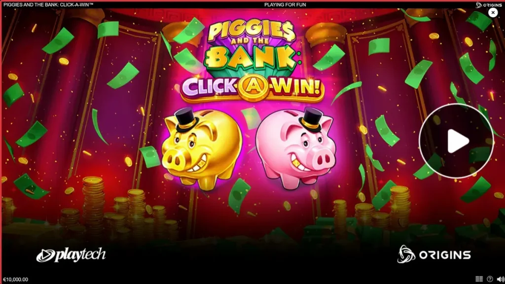 Piggies and the Bank: Click-A-Win سلاٹ کا مرکزی انٹرفیس جس میں امیر سؤر اور سکے نظر آ رہے ہیں۔